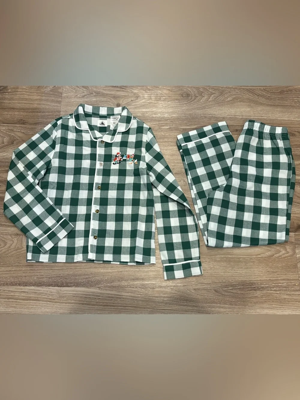 Disney Green/White Check Plaid Kids Pajamas Embroidered Mickey Mouse Donald Duck